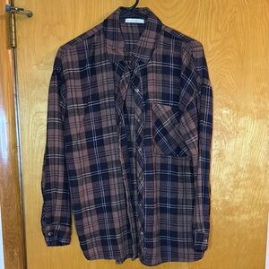 Blue and Brown Long Sleeve Button Down Shirt with Notched Collar